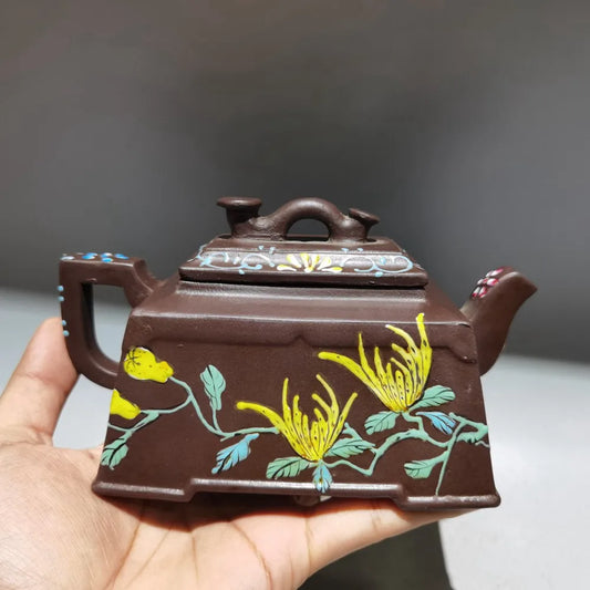 Chinese Yixing Zisha Clay Teapot  Sifang Colored Painting Pot Chen Mingyuan 380ml