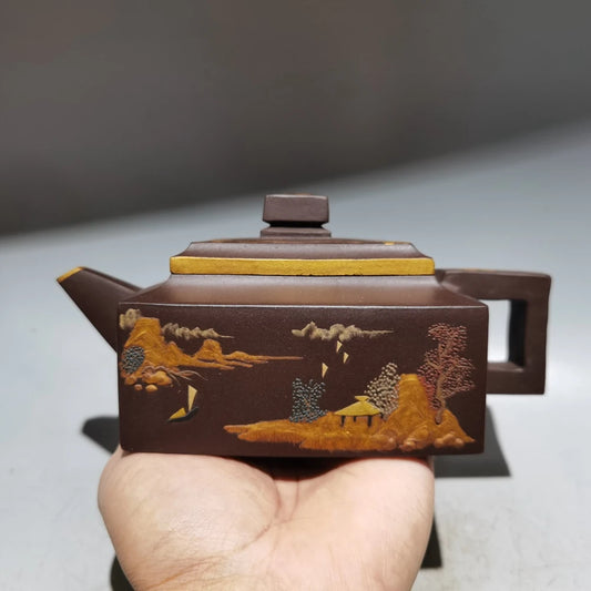 Chinese Yixing Zisha Clay Teapot  Sifang Golden Pot Jinding trademark 380ml