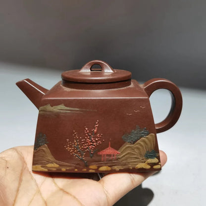 Chinese Yixing Zisha Clay Teapot  Sifang Mud Painting Pot Chu Jianfei 280ml