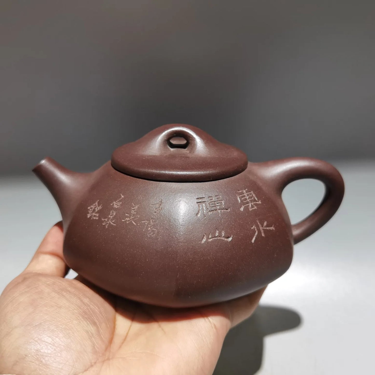 Chinese Yixing Zisha Clay Teapot  engraved hexagonal stone ladle Pot Gu Jingzhou 360ml