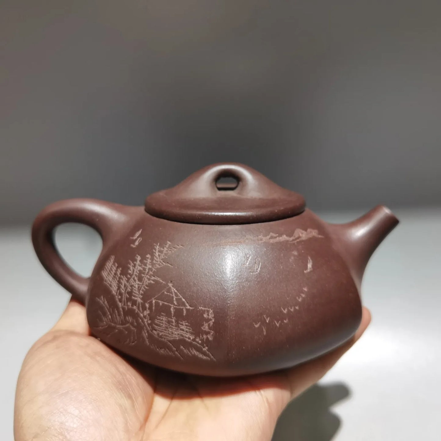 Chinese Yixing Zisha Clay Teapot  engraved hexagonal stone ladle Pot Gu Jingzhou 360ml