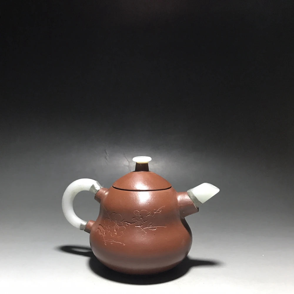 Chinese Yixing Zisha Clay Teapot  jade inlaid gourd Pot  Yang Pengnian 300ml