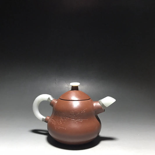 Chinese Yixing Zisha Clay Teapot  jade inlaid gourd Pot  Yang Pengnian 300ml