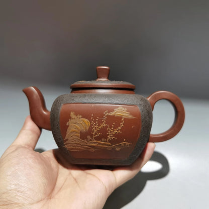 Chinese Yixing Zisha Clay Teapot  square Mud Painting Pot Gu Jingzhou 300ml
