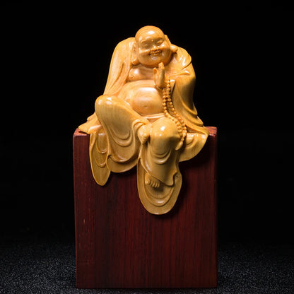 Chinese Zen Sitting Meditation Maitreya Boxwood Carving Buddha Statue Maitreya Ornaments Crafts Solid Wood Laughing Buddha
