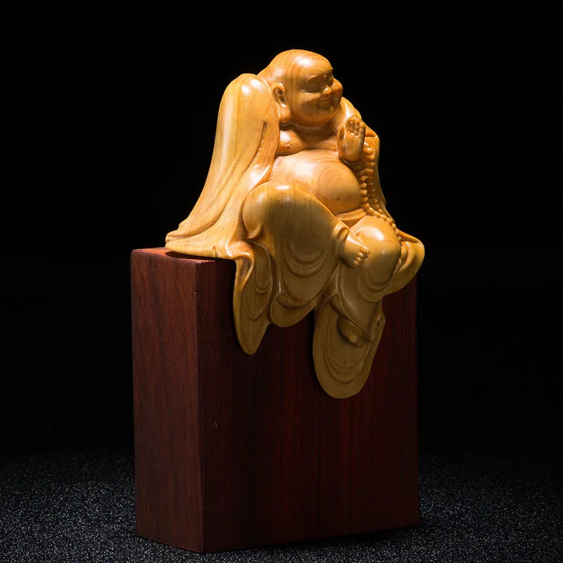 Chinese Zen Sitting Meditation Maitreya Boxwood Carving Buddha Statue Maitreya Ornaments Crafts Solid Wood Laughing Buddha