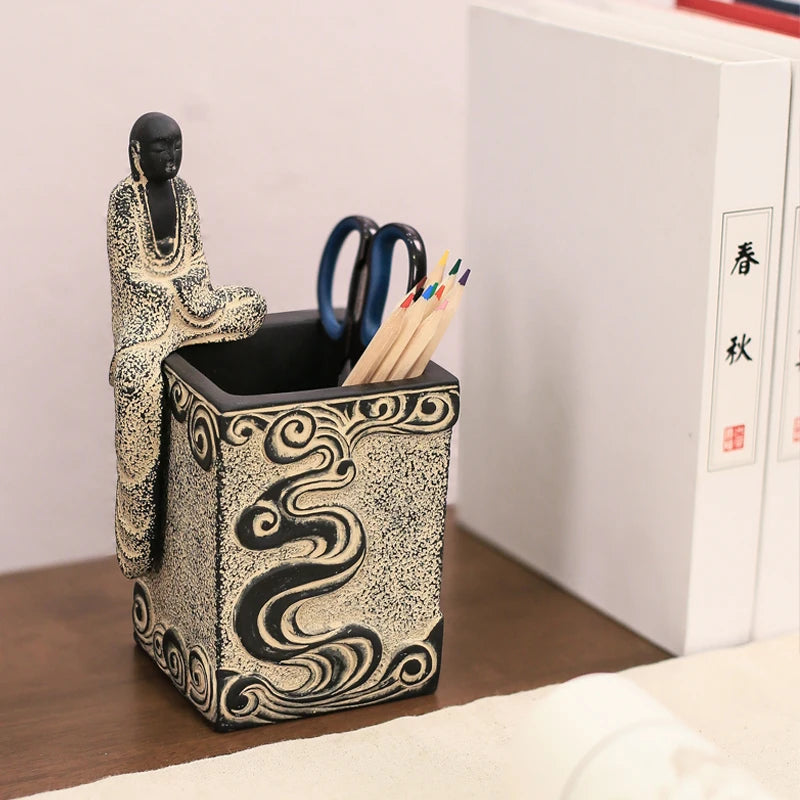 Chinese Zen manual art Buddhist mood Pen holder office study Retro desktop Creative Pen insertion Decoration business gift