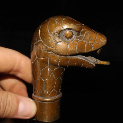 Chinese Zodiac Snake Brass Copper Hand Carved Cane Walking Stick Snake Head Handle Statue