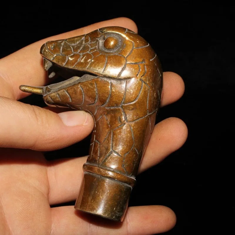 Chinese Zodiac Snake Brass Copper Hand Carved Cane Walking Stick Snake Head Handle Statue