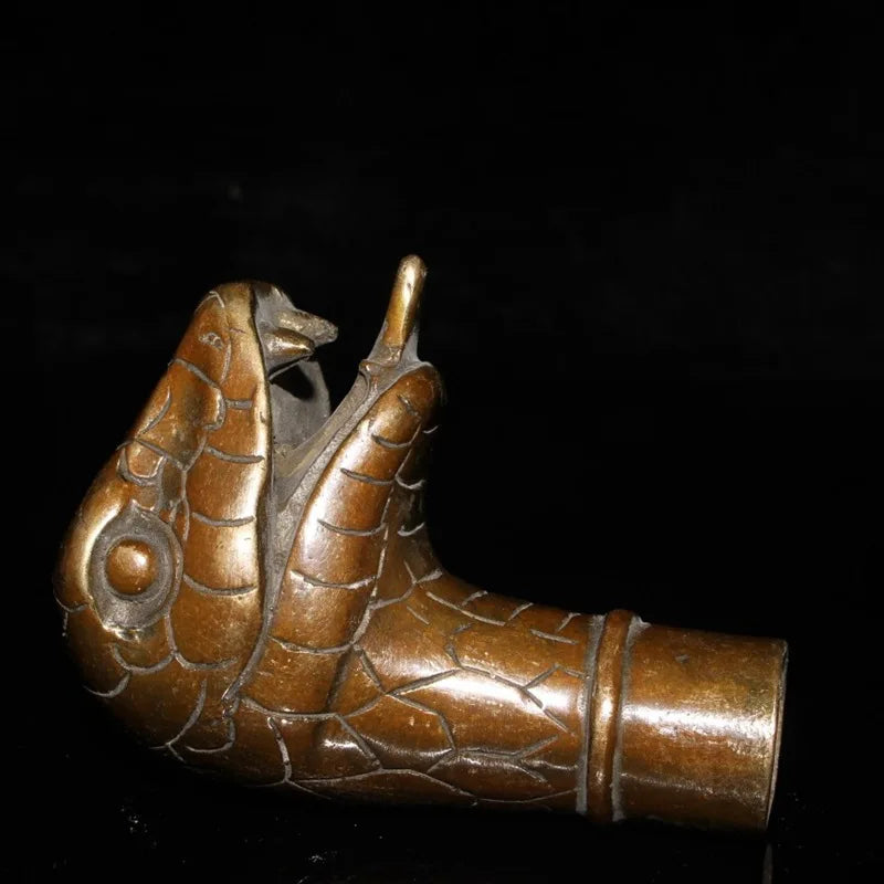 Chinese Zodiac Snake Brass Copper Hand Carved Cane Walking Stick Snake Head Handle Statue