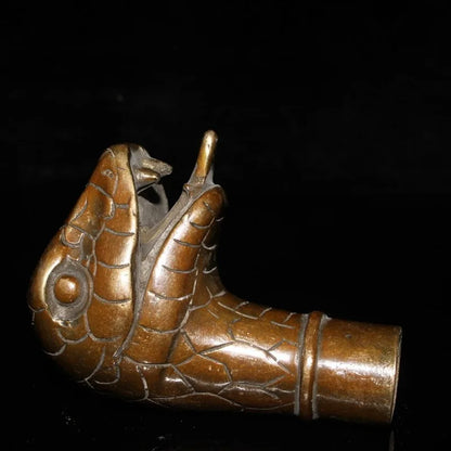 Chinese Zodiac Snake Brass Copper Hand Carved Cane Walking Stick Snake Head Handle Statue