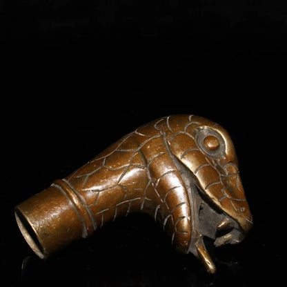 Chinese Zodiac Snake Brass Copper Hand Carved Cane Walking Stick Snake Head Handle Statue
