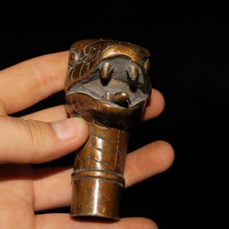 Chinese Zodiac Snake Brass Copper Hand Carved Cane Walking Stick Snake Head Handle Statue