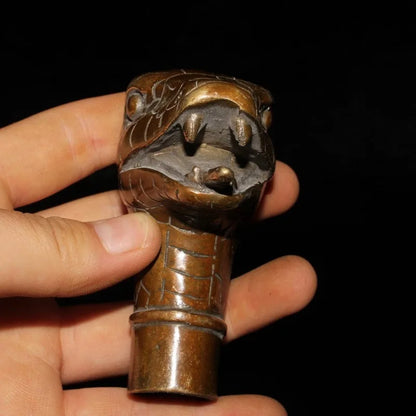 Chinese Zodiac Snake Brass Copper Hand Carved Cane Walking Stick Snake Head Handle Statue