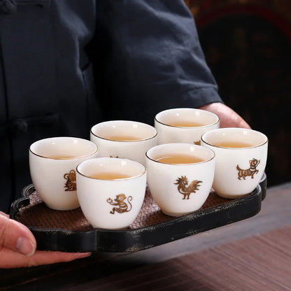 Chinese Zodiac Tea Cup Drawing Gold White Porcelain Teacup Retro Teaware Ceramic Tea Cup Set Master Cup Kung Fu Tea Set Tea Bowl