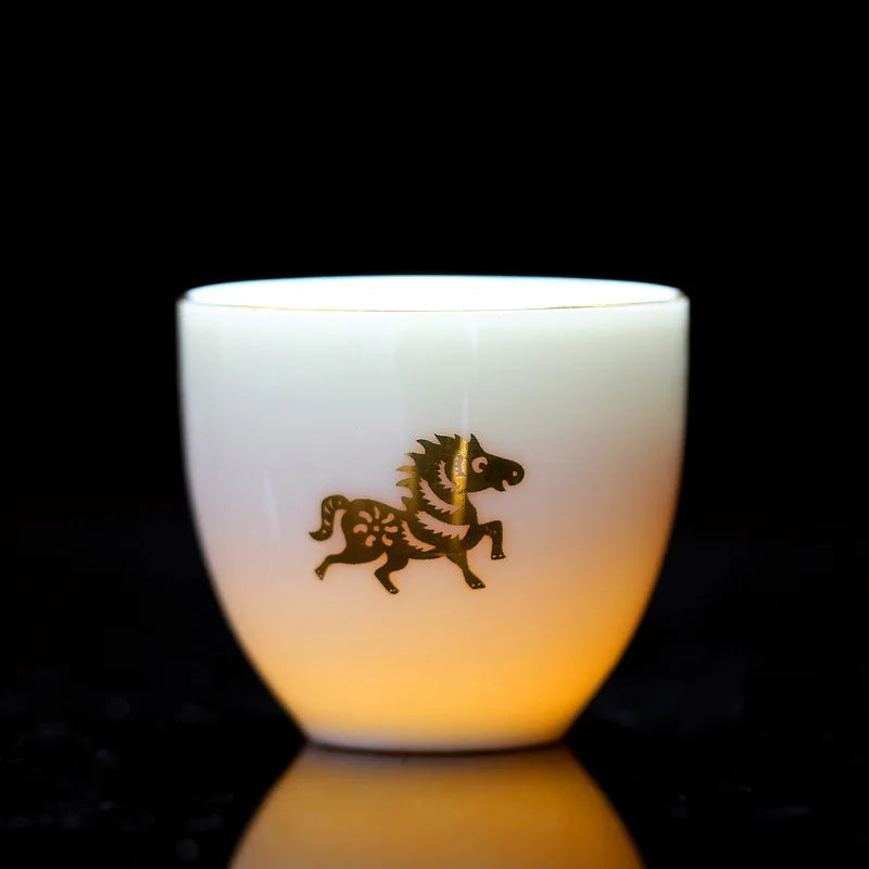 Chinese Zodiac Tea Cup Drawing Gold White Porcelain Teacup Retro Teaware Ceramic Tea Cup Set Master Cup Kung Fu Tea Set Tea Bowl