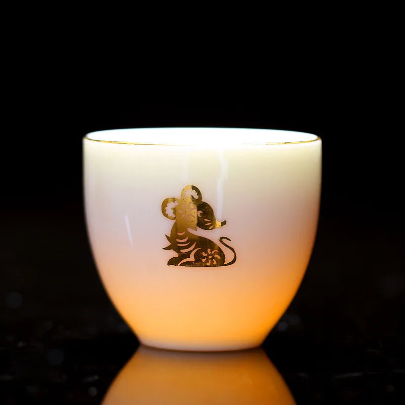 Chinese Zodiac Tea Cup Drawing Gold White Porcelain Teacup Retro Teaware Ceramic Tea Cup Set Master Cup Kung Fu Tea Set Tea Bowl