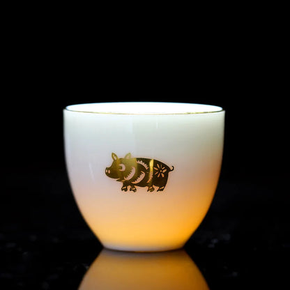 Chinese Zodiac Tea Cup Drawing Gold White Porcelain Teacup Retro Teaware Ceramic Tea Cup Set Master Cup Kung Fu Tea Set Tea Bowl