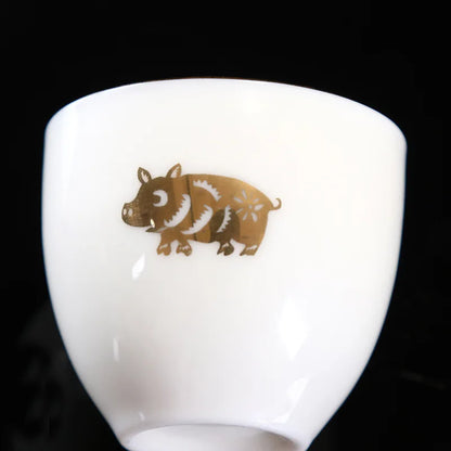 Chinese Zodiac Tea Cup Drawing Gold White Porcelain Teacup Retro Teaware Ceramic Tea Cup Set Master Cup Kung Fu Tea Set Tea Bowl