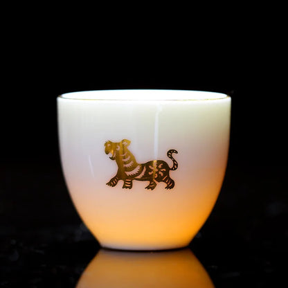 Chinese Zodiac Tea Cup Drawing Gold White Porcelain Teacup Retro Teaware Ceramic Tea Cup Set Master Cup Kung Fu Tea Set Tea Bowl