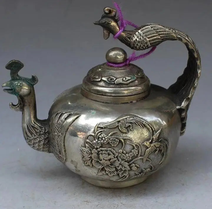 Chinese ancient Tibet silver phoenix statue decoration kettle wine pot teapot metal crafts home decoration