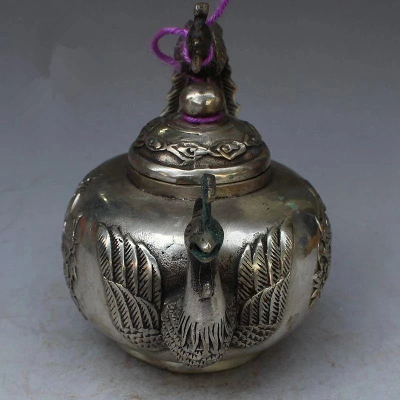 Chinese ancient Tibet silver phoenix statue decoration kettle wine pot teapot metal crafts home decoration