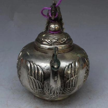 Chinese ancient Tibet silver phoenix statue decoration kettle wine pot teapot metal crafts home decoration