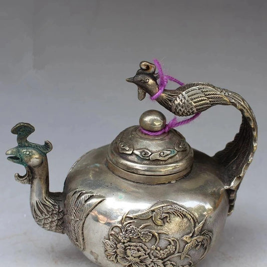 Chinese ancient Tibet silver phoenix statue decoration kettle wine pot teapot metal crafts home decoration