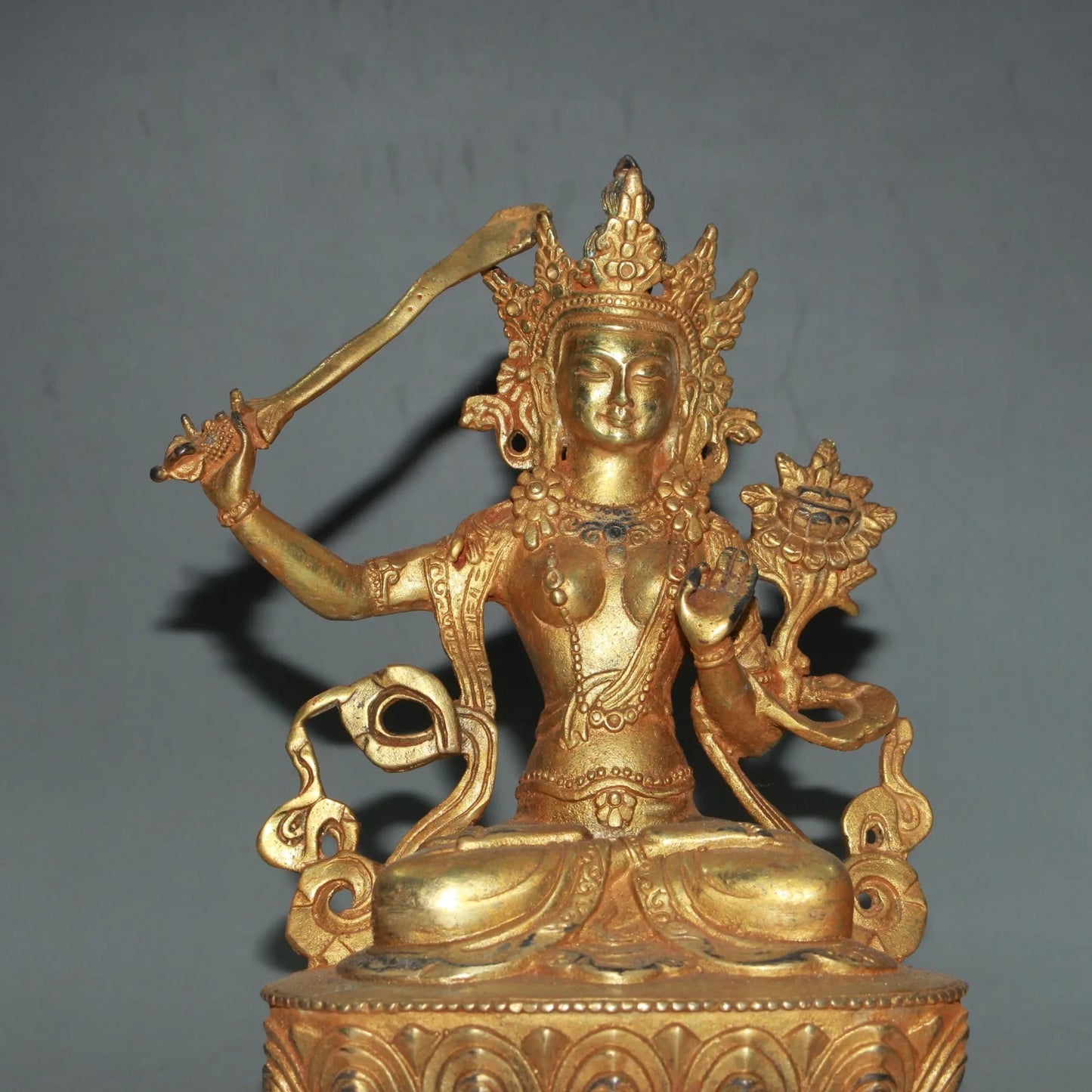 Chinese antiques Pure copper gilding Statue Bodhisattva Manjusri Buddha