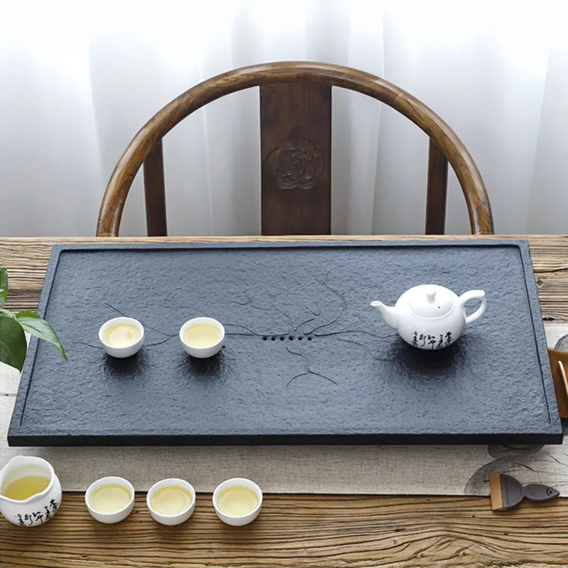 Chinese black stone tea tray water draining outlet serving trays heavy weighted stone tea table for kungfu tea set multi-size