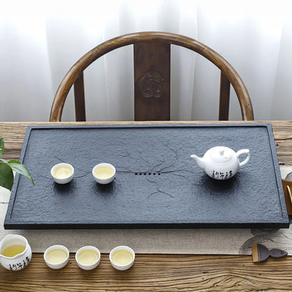 Chinese black stone tea tray water draining outlet serving trays heavy weighted stone tea table for kungfu tea set multi-size