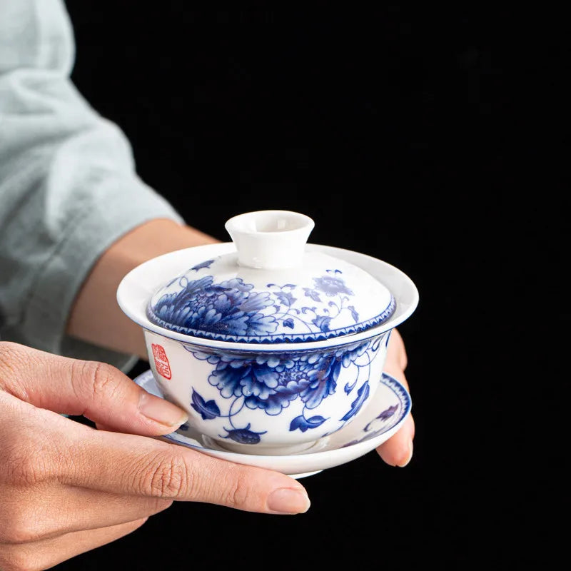 Chinese blue-and-white porcelain gaiwan floral print under glaze tureen china cup bowl saucer lid 150ml on sales