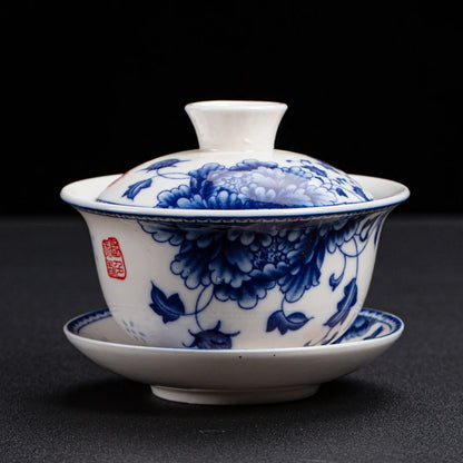 Chinese blue-and-white porcelain gaiwan floral print under glaze tureen china cup bowl saucer lid 150ml on sales
