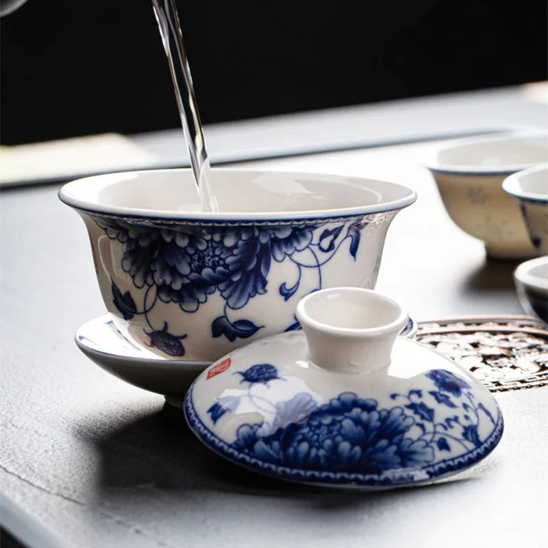 Chinese blue-and-white porcelain gaiwan floral print under glaze tureen china cup bowl saucer lid 150ml on sales