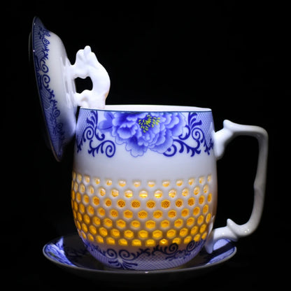 Chinese blue-and-white porcelain tea set office cup lid cellular design floral tea cups China ceramic mug 400ml new
