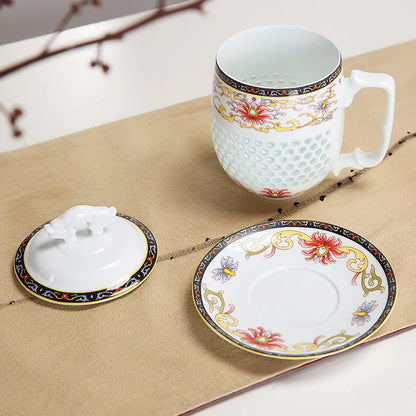 Chinese blue-and-white porcelain tea set office cup lid cellular design floral tea cups China ceramic mug 400ml new