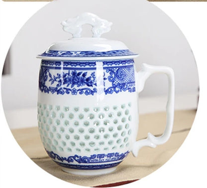 Chinese blue-and-white porcelain tea set office cup lid cellular design floral tea cups China ceramic mug 400ml new