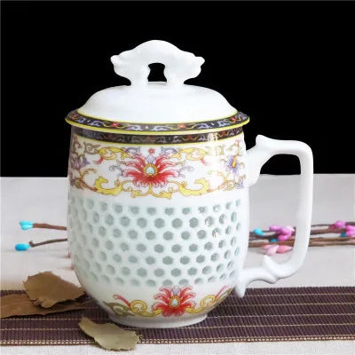 Chinese blue-and-white porcelain tea set office cup lid cellular design floral tea cups China ceramic mug 400ml new