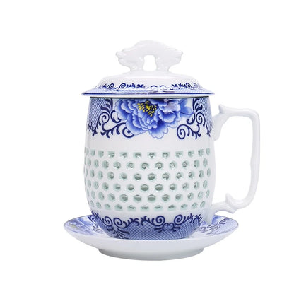 Chinese blue-and-white porcelain tea set office cup lid cellular design floral tea cups China ceramic mug 400ml new