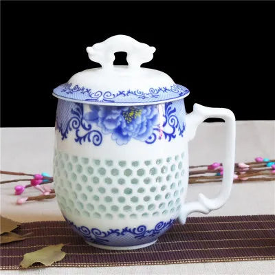 Chinese blue-and-white porcelain tea set office cup lid cellular design floral tea cups China ceramic mug 400ml new