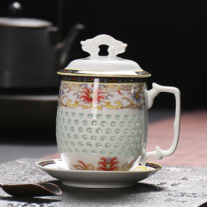 Chinese blue-and-white porcelain tea set office cup lid cellular design floral tea cups China ceramic mug 400ml new