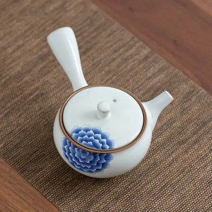 Chinese blue and white retro side handle teapot small single tea pot ceramic Japanese kungfu tea set one person mini teaware