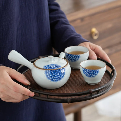 Chinese blue and white retro side handle teapot small single tea pot ceramic Japanese kungfu tea set one person mini teaware