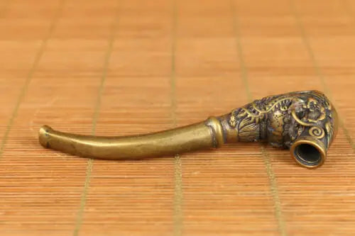 Chinese brass Handcarving dragon phoenix statue smoke tool tobacco pipe decorate