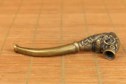 Chinese brass Handcarving dragon phoenix statue smoke tool tobacco pipe decorate