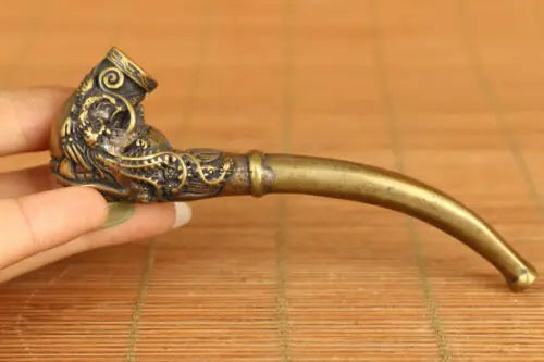 Chinese brass Handcarving dragon phoenix statue smoke tool tobacco pipe decorate