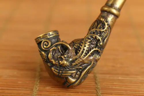 Chinese brass Handcarving dragon phoenix statue smoke tool tobacco pipe decorate