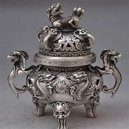 +Chinese buddhist manual old silver copper dragon lion statues incense burner