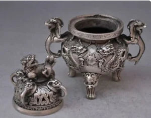 +Chinese buddhist manual old silver copper dragon lion statues incense burner