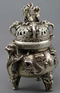 +Chinese buddhist manual old silver copper dragon lion statues incense burner